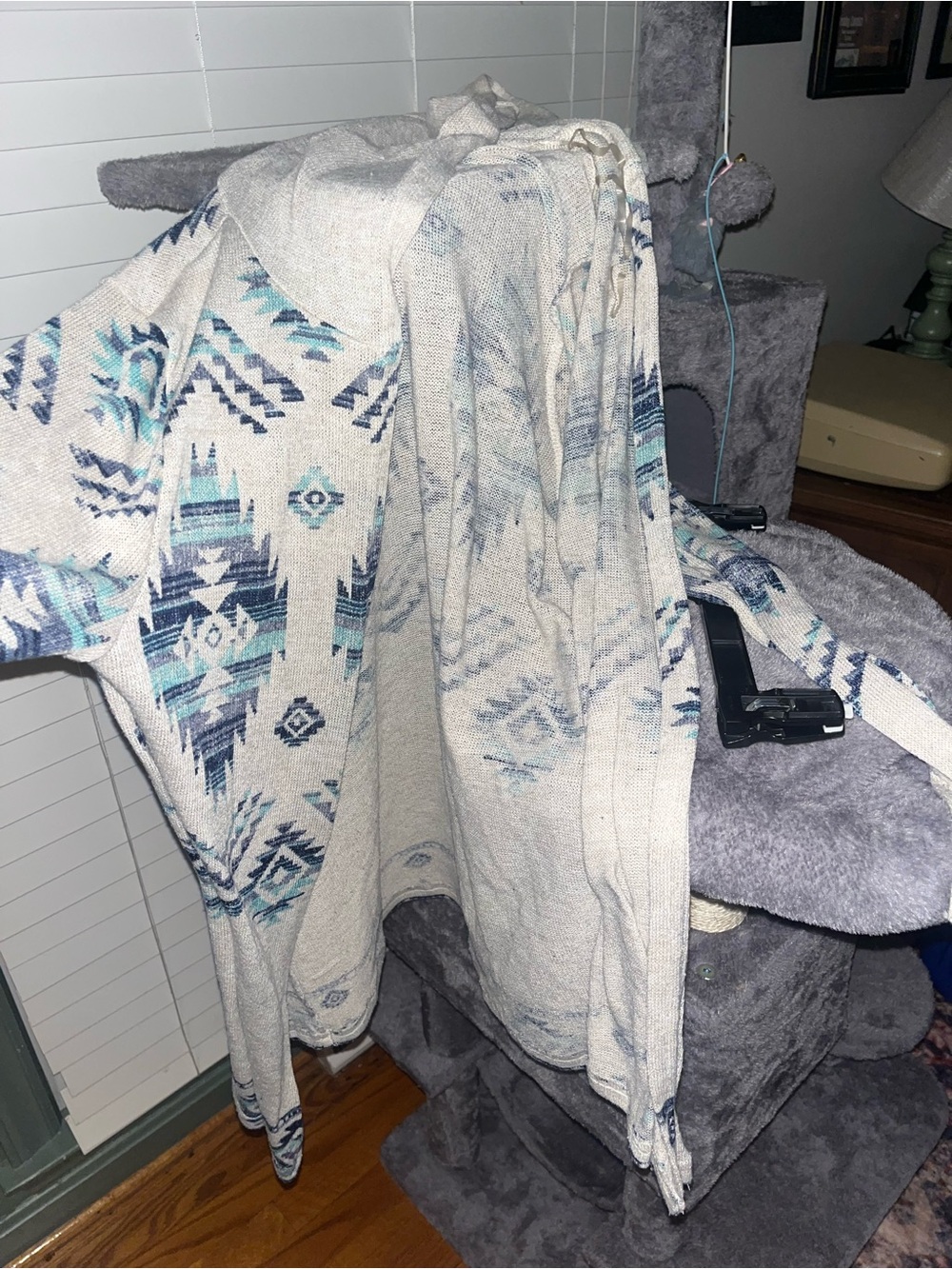 new directions Cream Cardigan with Blue Aztec Motif